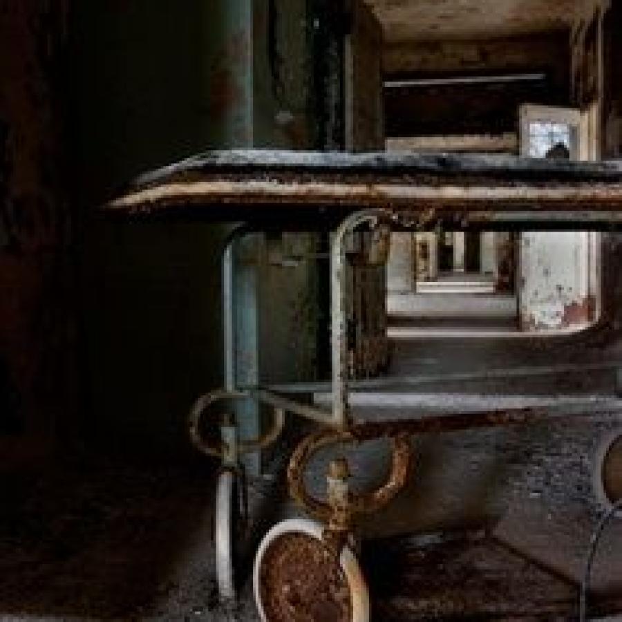 This image of an abandoned hospital will give anyone the creeps. The rusting hospital trolley bed gave me lots of ideas about rotting equipment lying around.