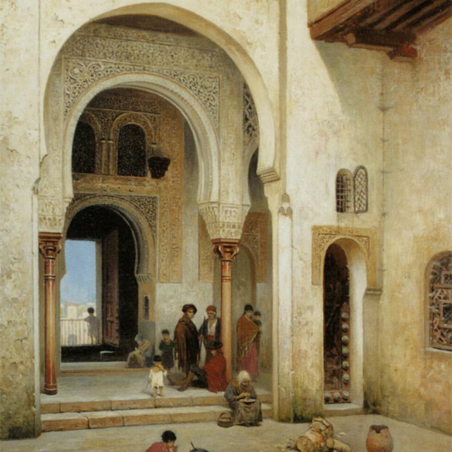 I found this fantastic image of a Courtyard In Alhambra in 1492and loved it so much I used it to describe a scene in The Luna Legacy. Can you pinpoint the scene from the book? Which character is talking to Queen Isabel and what do they discuss? Find out in The Luna Legacy.