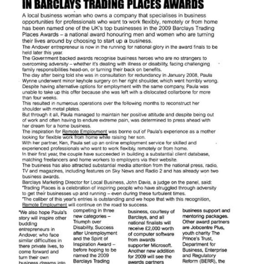 Andover business woman wins Barclays trading places award. Paula Wynne Wins Barclays Trading Places Award.